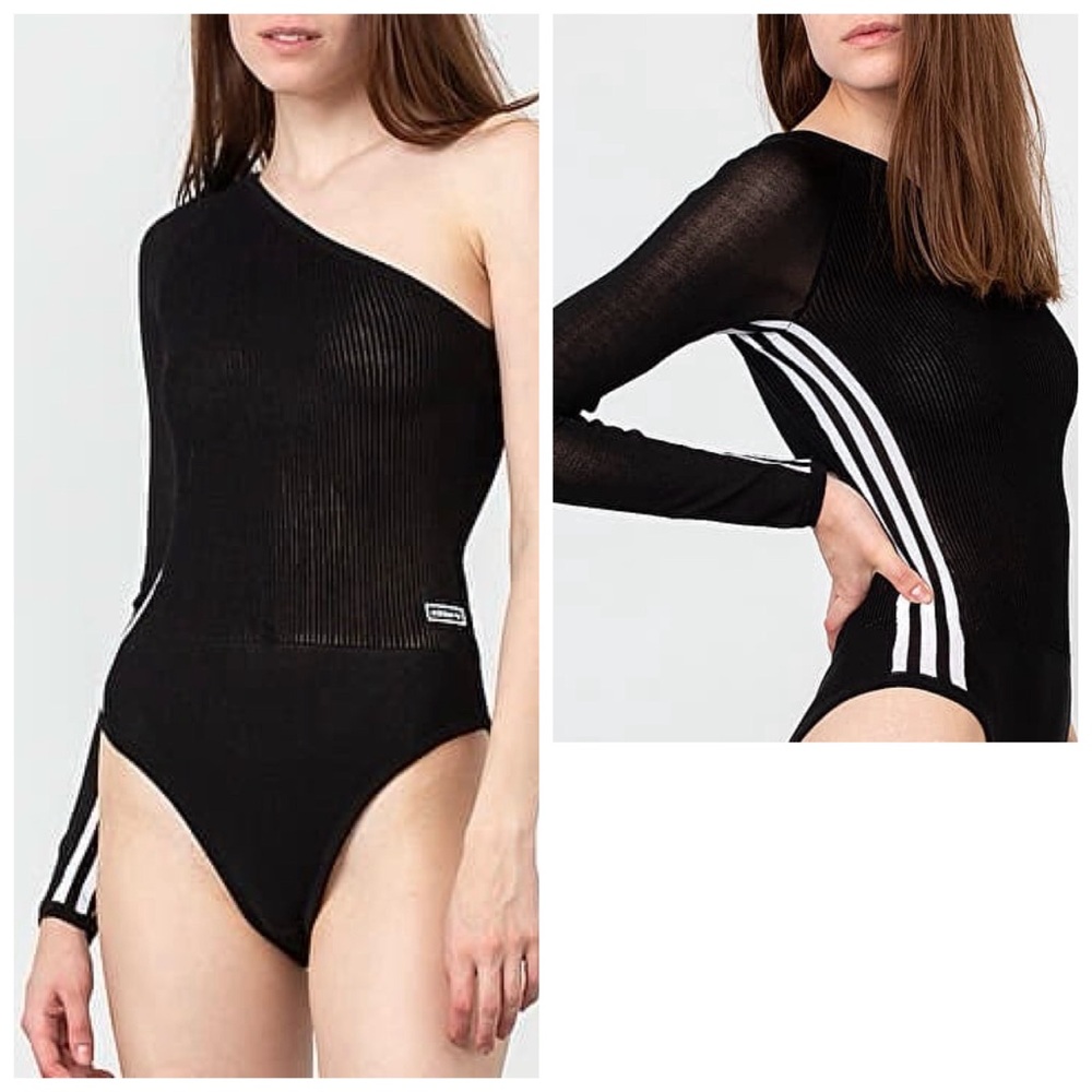 adidas Black One-Shoulder Ribbed Bodysuit with White 3-Stripes